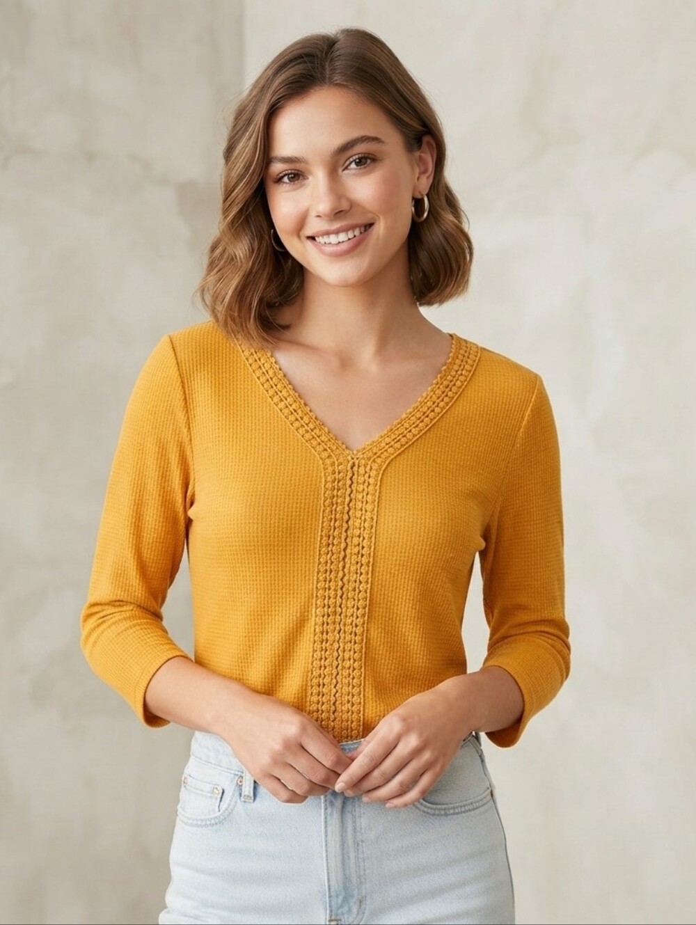 Women's Mustard Yellow V-Neck Bohemian  Summer Tunic Top 3/4 Sleeves Small